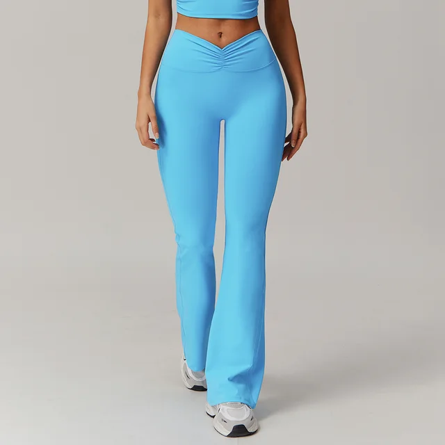 Nude Feel High Waist Hip Lift Yoga Bell bottom Pants Horn Lake Blue - Shop at LoveMi