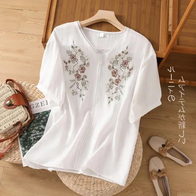 Loose Cotton And Linen Embroidery V neck Short sleeved Shirt Women's Shirt Top 647 White - Shop at LoveMi