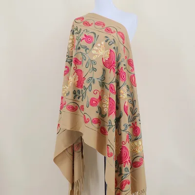 Gourd Pomegranate Blossom Embroidery Scarf Cashmere Shawl Camel - Shop at LoveMi