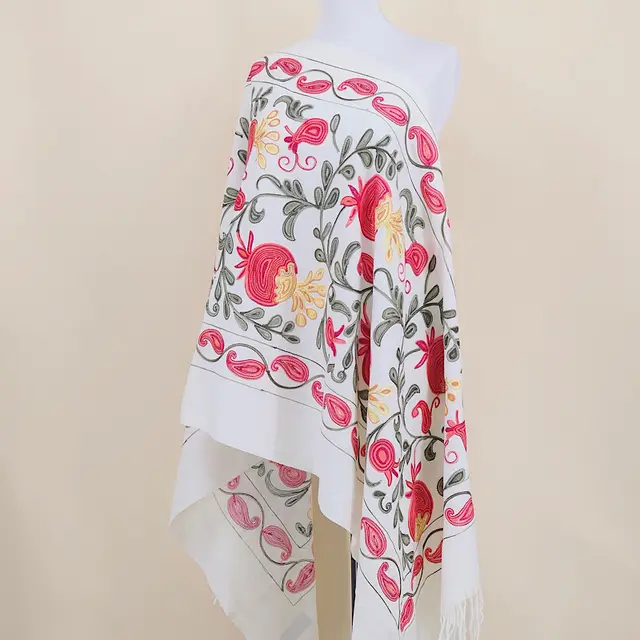 Gourd Pomegranate Blossom Embroidery Scarf Cashmere Shawl Milky White - Shop at LoveMi