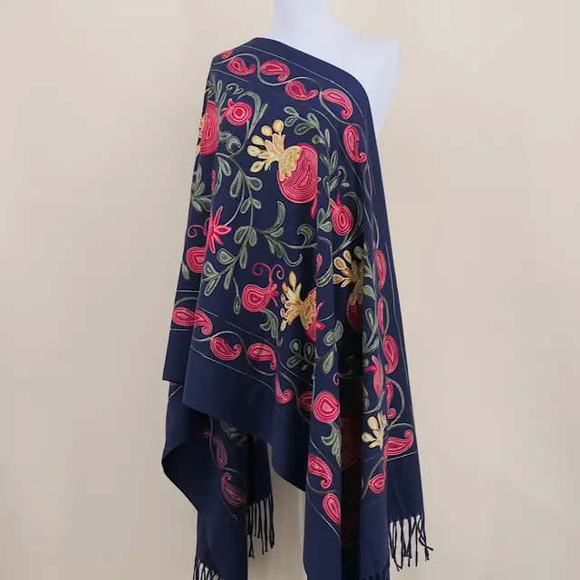 Gourd Pomegranate Blossom Embroidery Scarf Cashmere Shawl Navy Blue - Shop at LoveMi