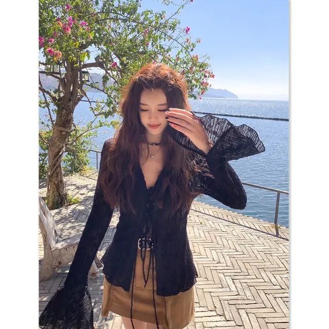 Black Knitted Sun proof Cardigan Women's Thin Shawl Top Black - Shop at LoveMi