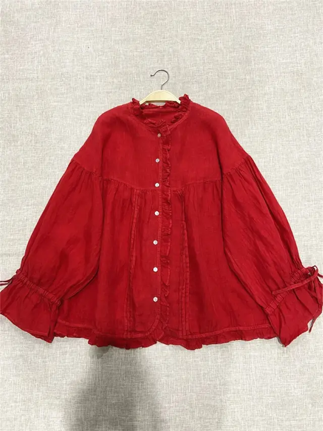 Japanese Style Artistic Linen Wooden Ear Loose Princess Sleeves Shirt Red - Shop at LoveMi