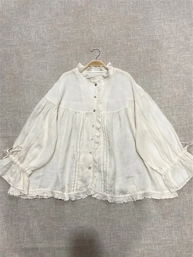 Japanese Style Artistic Linen Wooden Ear Loose Princess Sleeves Shirt White - Shop at LoveMi