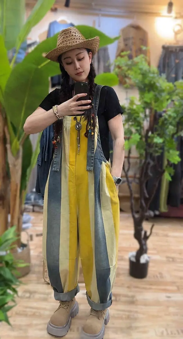 Vintage Stripe Suspender Pants Women's Loose Cotton Denim Jumpsuit Yellow Stripe - Shop at LoveMi