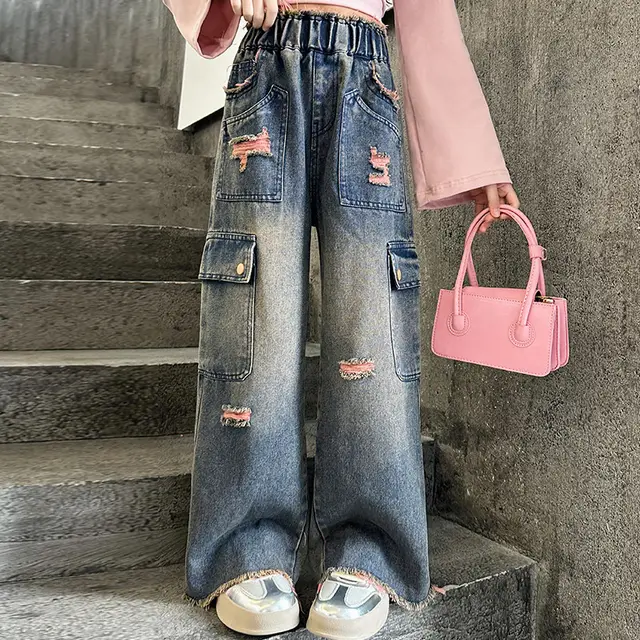 Girls' Fashionable Gradually Varied Pink Broken Holes Pants Pink Ripped Jeans - Shop at LoveMi