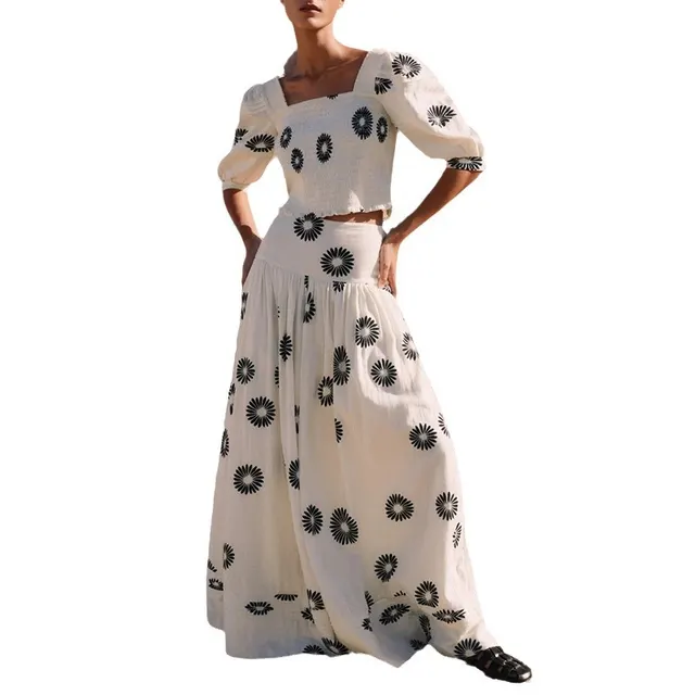 Puff Sleeve Short Top Skirt Long Skirt Summer Two piece Set White - Shop at LoveMi