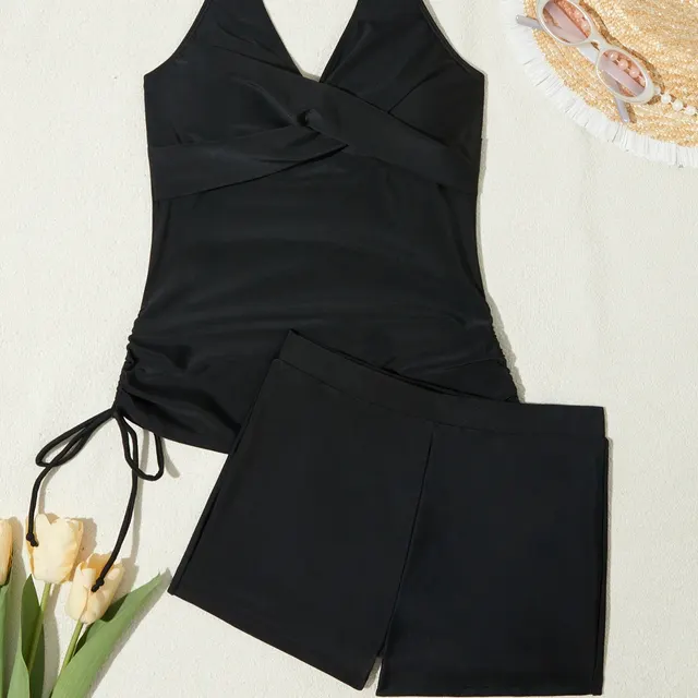 Two piece Split Strap Drawstring Swimsuit With Boyshorts Black - Shop at LoveMi