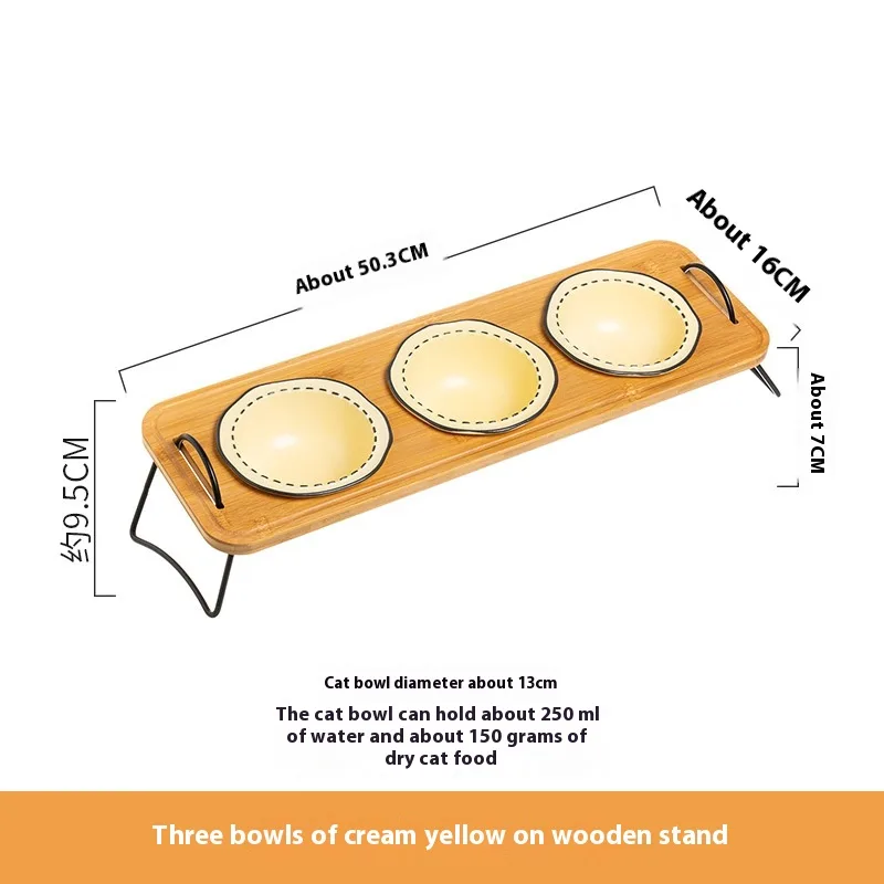Pet Wooden Rack Multi functional Ceramic Cat Bowl Anti tumble Water Feeding Oblique Mouth Easy To Clean Yellow Three Bowls - Shop at LoveMi