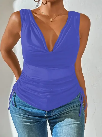 Pure Desire Style V neck Sleeveless Spicy Sexy High Waist Crop Top Blue - Shop at LoveMi