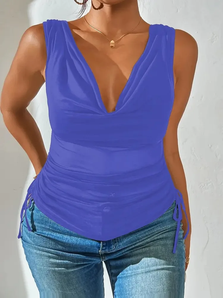 Pure Desire Style V-neck Sleeveless Spicy Sexy High Waist Crop Top - Blue - View 1