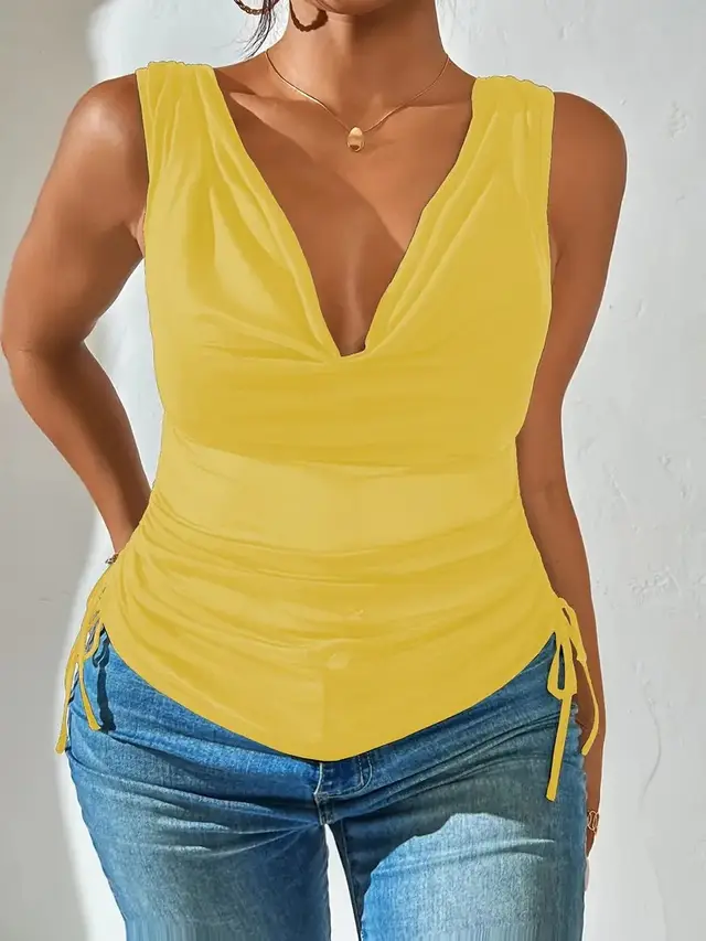 Pure Desire Style V neck Sleeveless Spicy Sexy High Waist Crop Top Yellow - Shop at LoveMi