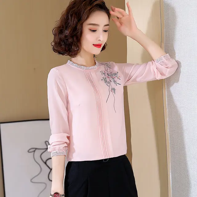 Embroidered Chiffon Shirt Lady Temperament Fashion Pink - Shop at LoveMi