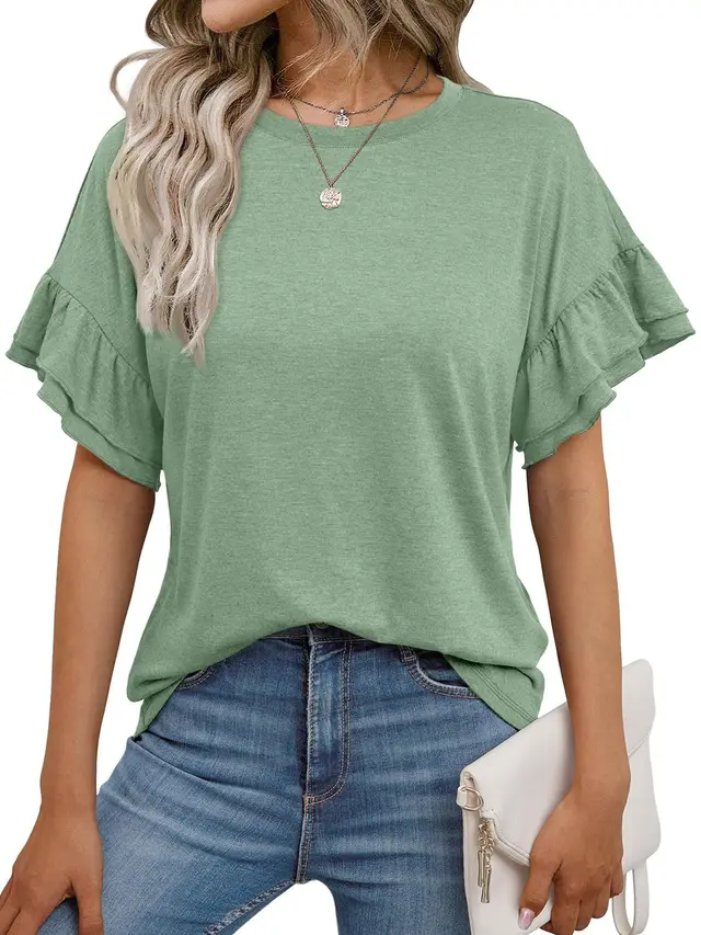 Solid Color Round Neck Ruffle Sleeve Short Sleeve T shirt Top Bean Green - Shop at LoveMi