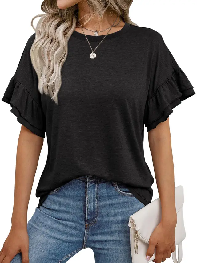 Solid Color Round Neck Ruffle Sleeve Short Sleeve T shirt Top Black - Shop at LoveMi