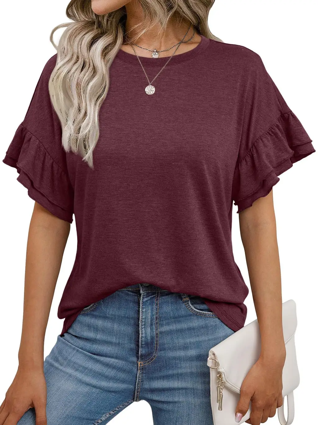 Solid Color Round Neck Ruffle Sleeve Short Sleeve T-shirt Top - Dark Red