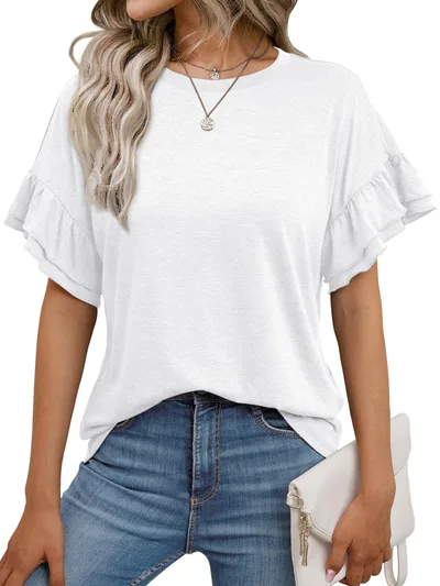 Solid Color Round Neck Ruffle Sleeve Short Sleeve T shirt Top White - Shop at LoveMi