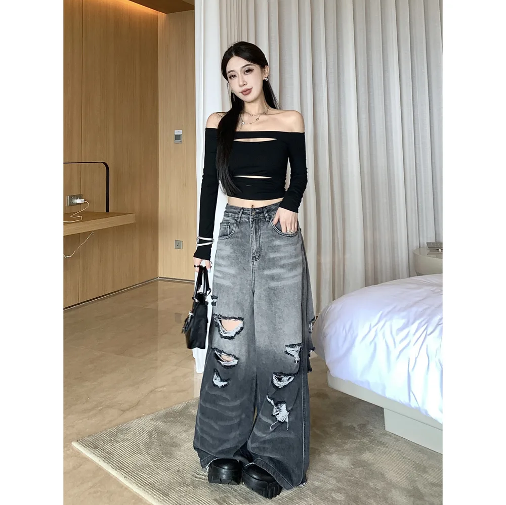 Gradient Colour Big Ripped Wide Leg Jeans For Women - Gradient Black