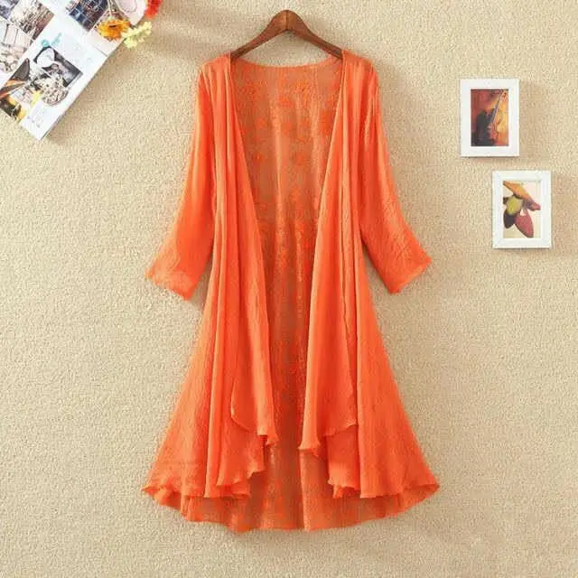 Women's Chiffon Shirt Hollow Out Loose Sun Protection Air Conditioning Shirt Thin Coat Cardigan Mid length Orange - Shop at LoveMi