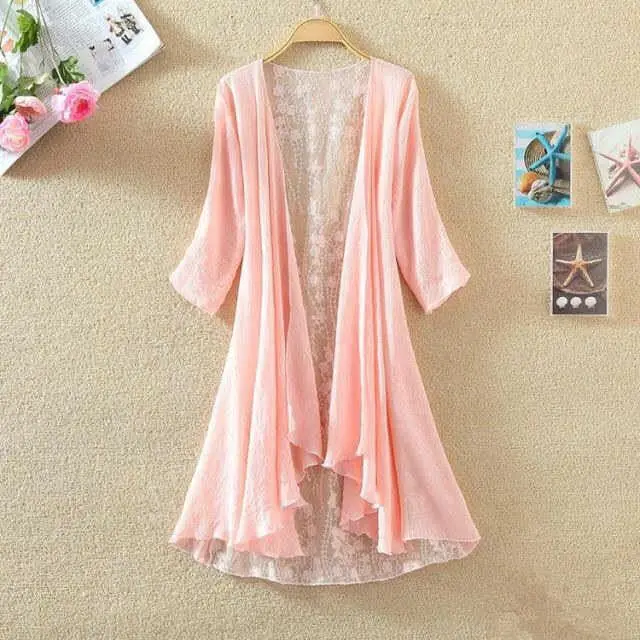 Women's Chiffon Shirt Hollow Out Loose Sun Protection Air Conditioning Shirt Thin Coat Cardigan Mid length Pink - Shop at LoveMi