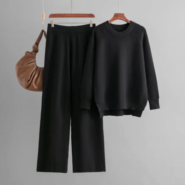 Loose Knitted Long Sleeves Two piece Set For Women Black - Shop at LoveMi