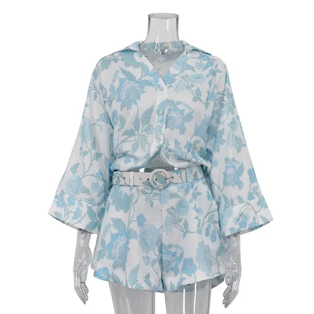 Women's Casual Wear Loose Long Shirt High Waist Shorts With Belt Two piece Set Blue - Shop at LoveMi