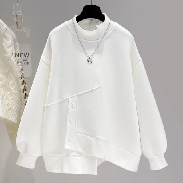 Women's Mock Neck Hoodie Short Spring And Autumn Loose Thick Coat Top White - Shop at LoveMi