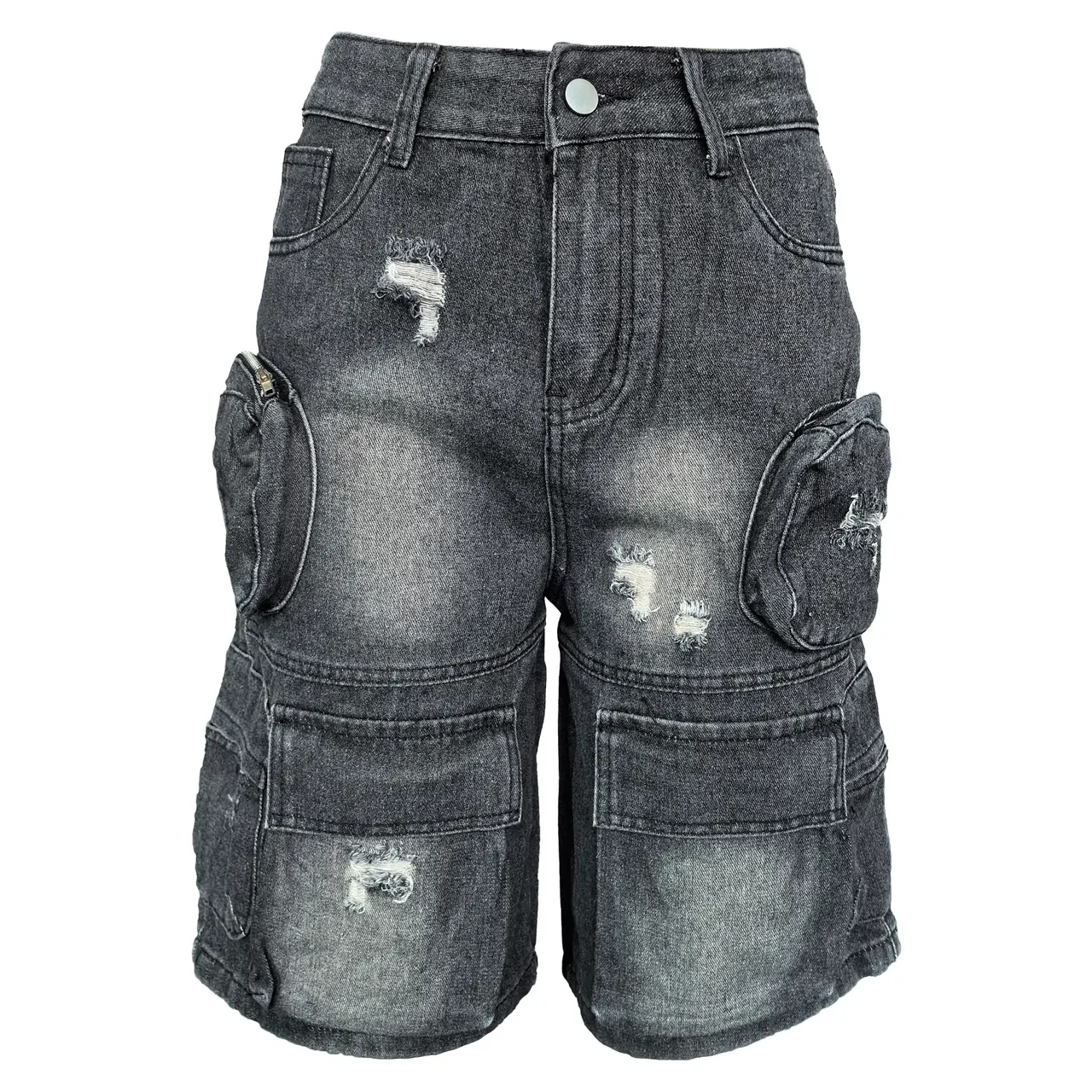 Women's Washed Pocket Ripped Cropped Pants Denim Shorts - Black