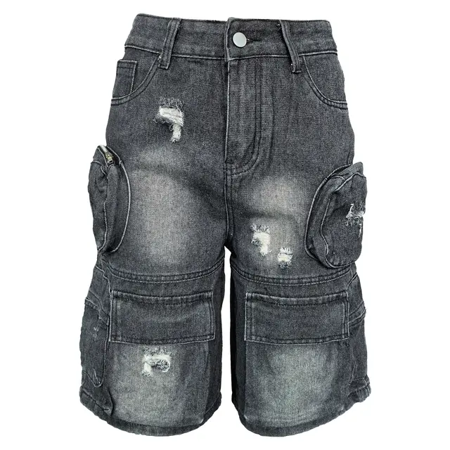 Women's Washed Pocket Ripped Cropped Pants Denim Shorts Black - Shop at LoveMi