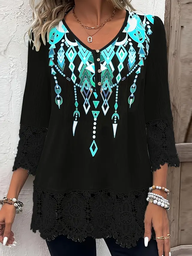 Women's Spring Stitching Lace Hem Printing Button Top Black - Shop at LoveMi