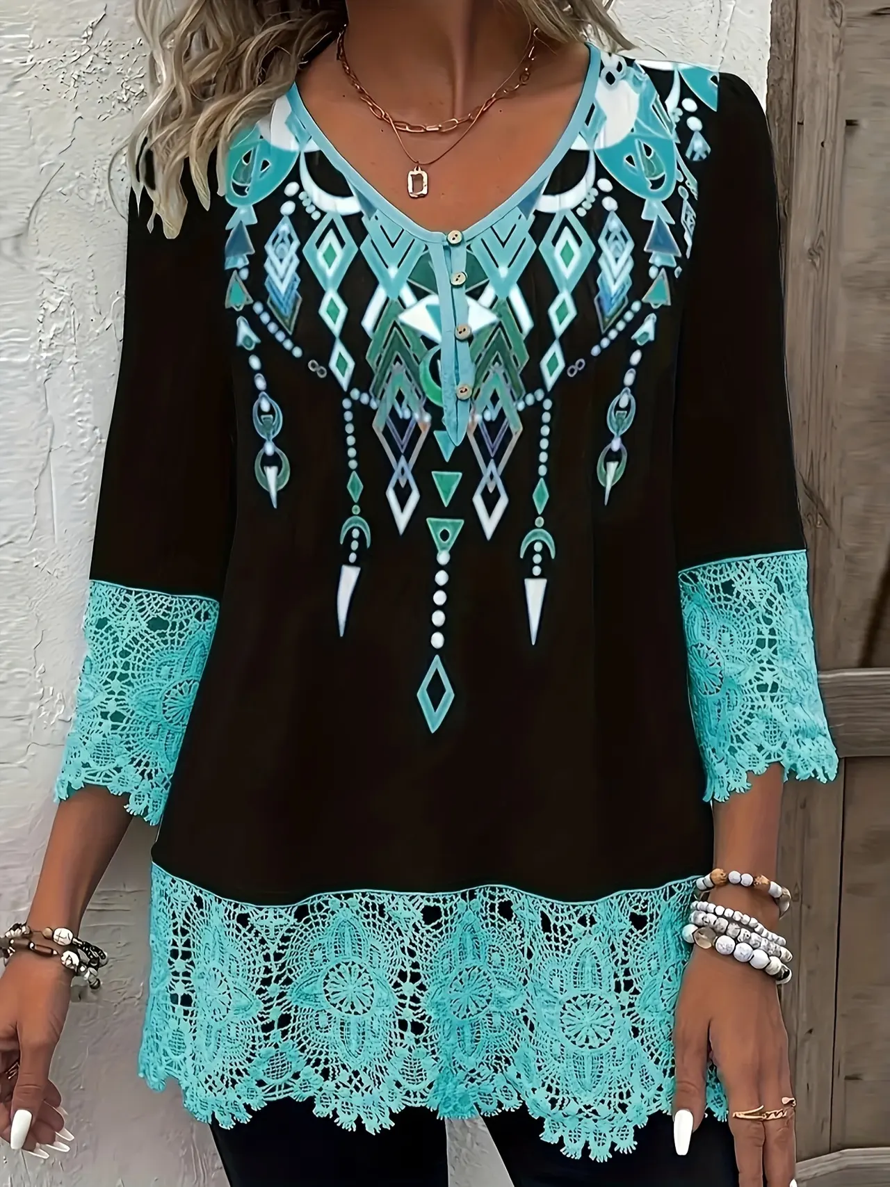 Women's Spring Stitching Lace Hem Printing Button Top - Emerald