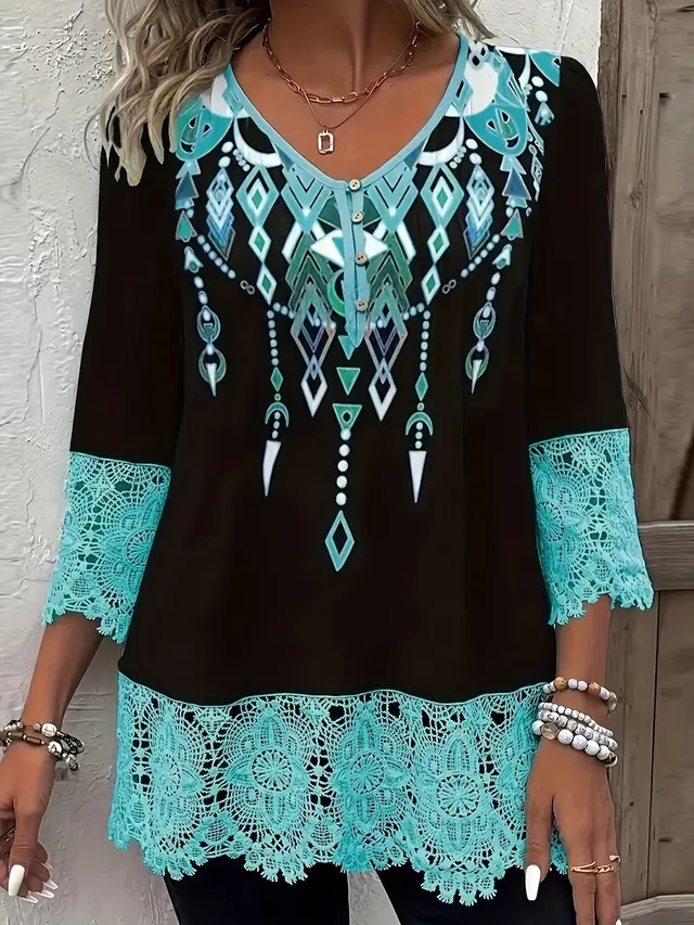 Women's Spring Stitching Lace Hem Printing Button Top Emerald - Shop at LoveMi