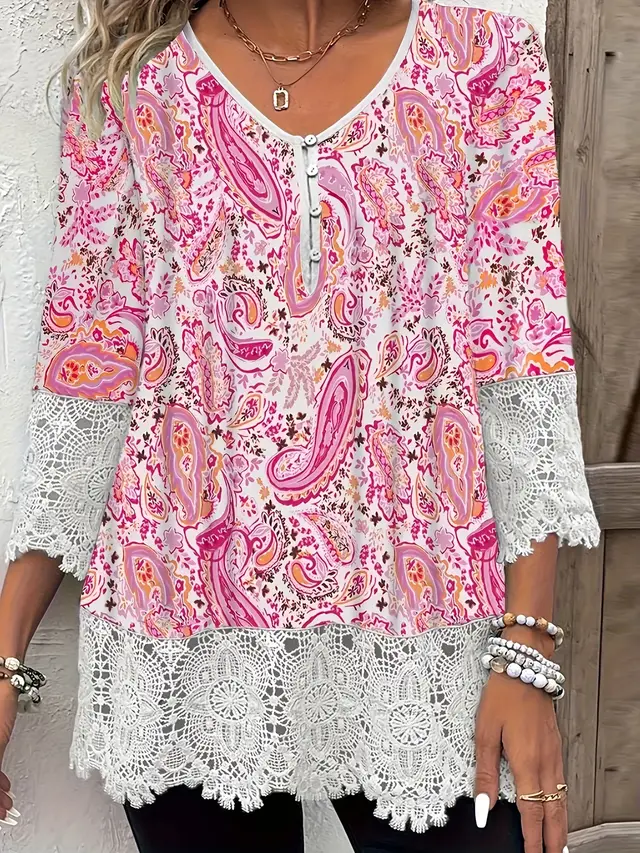 Women's Spring Stitching Lace Hem Printing Button Top Pink - Shop at LoveMi