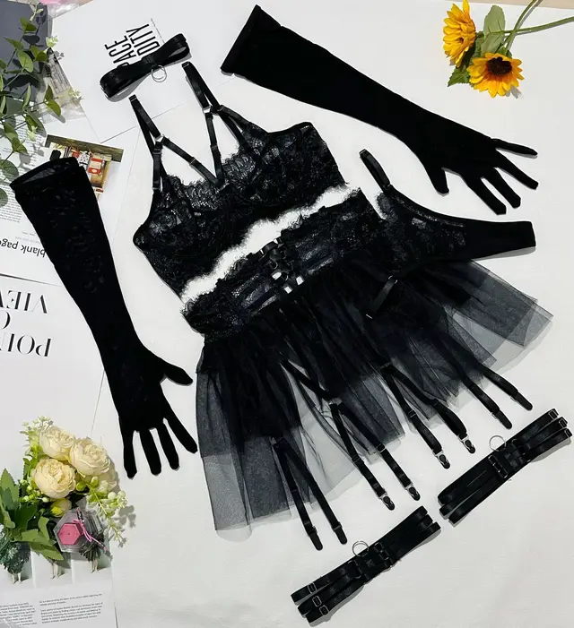 Pettiskirt See through Black Veil Comfortable Sexy Lace Sexy Lingerie Six piece Set Black - Shop at LoveMi