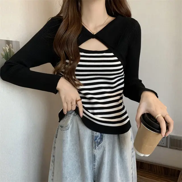Niche Design Fake Two piece Thin Top Black - Shop at LoveMi