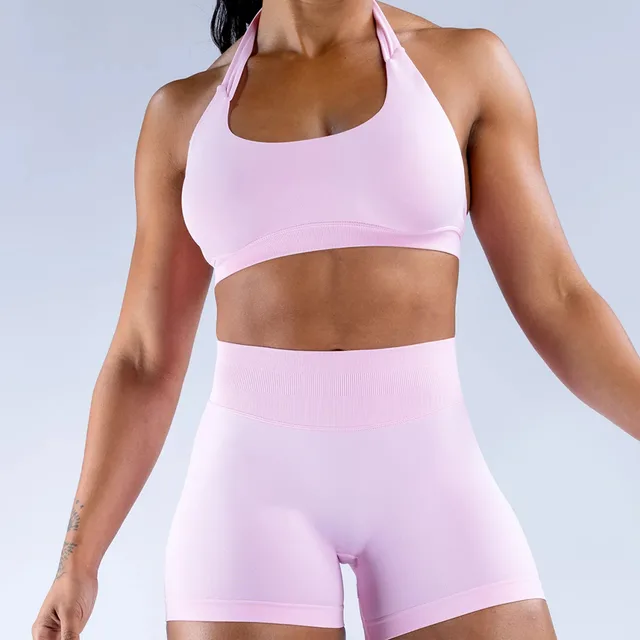 High Elasticity Ultra fine Matte Nylon Suspender Seamless Sports Underwear Shorts Set With Beautiful Back Pink - Shop at LoveMi