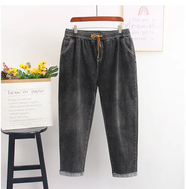 Elastic Waist Loose Wide Leg Jeans Extra Large Size Straight leg Pants High Elastic Smoky Gray - Shop at LoveMi
