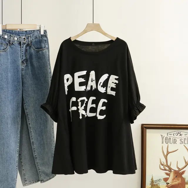 Beaded Letters Belly Covering Loose Large Version T shirt Black - Shop at LoveMi