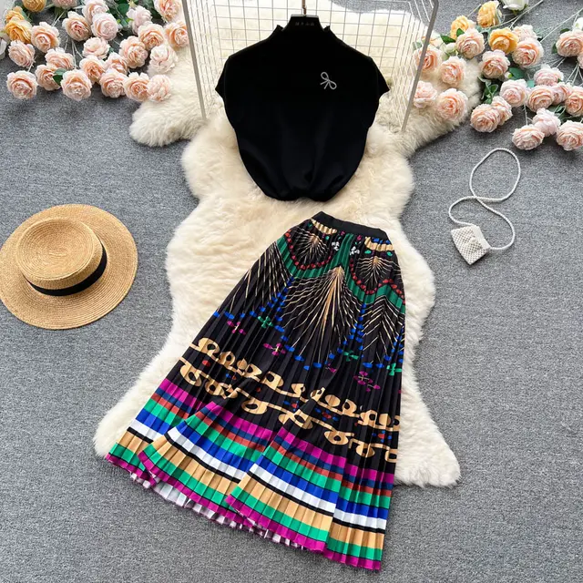 Women's Summer High end Design Sense Niche Sleeveless Shirt Top Pleated Dress Two piece Set Pattern 7 - Shop at LoveMi