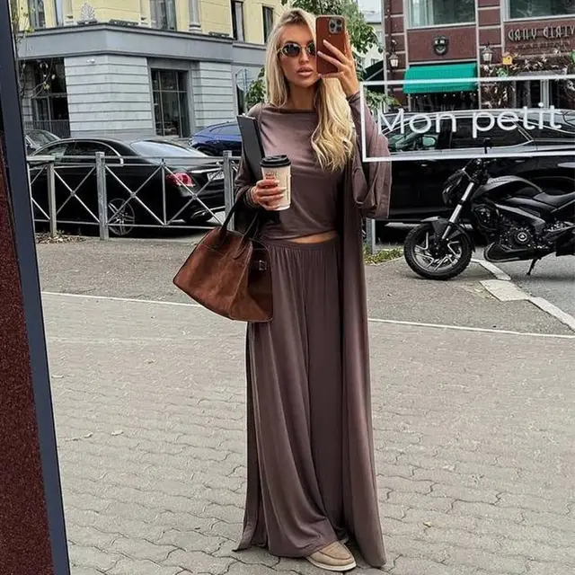 Casual Long Cardigan Long Sleeve Top High Waist Trousers Fashion Suit Brown - Shop at LoveMi