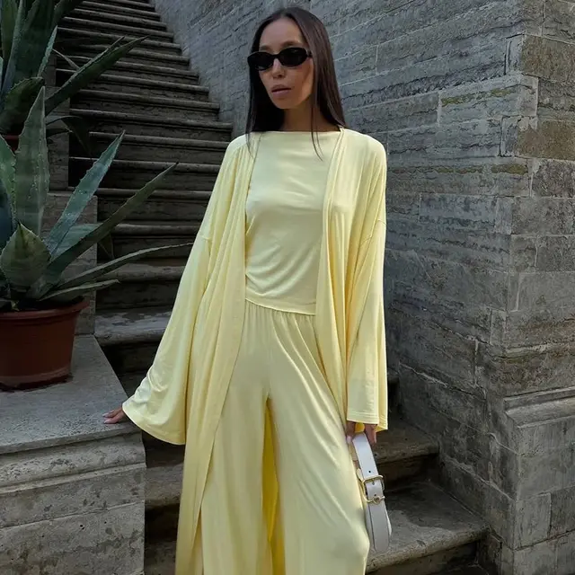 Casual Long Cardigan Long Sleeve Top High Waist Trousers Fashion Suit Yellow - Shop at LoveMi