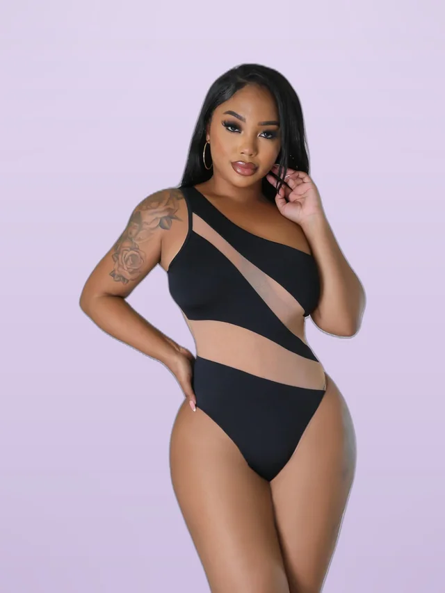 Female Color Blocked Single Shoulder Mesh One piece Swimsuit Black - Shop at LoveMi