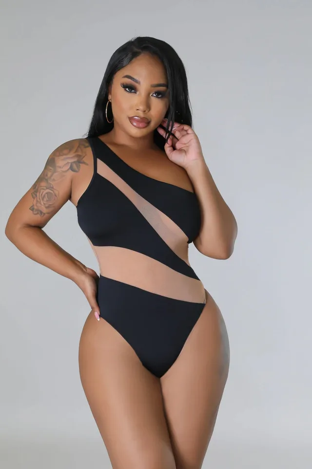 Female Color Blocked Single Shoulder Mesh One piece Swimsuit Black - Shop at LoveMi