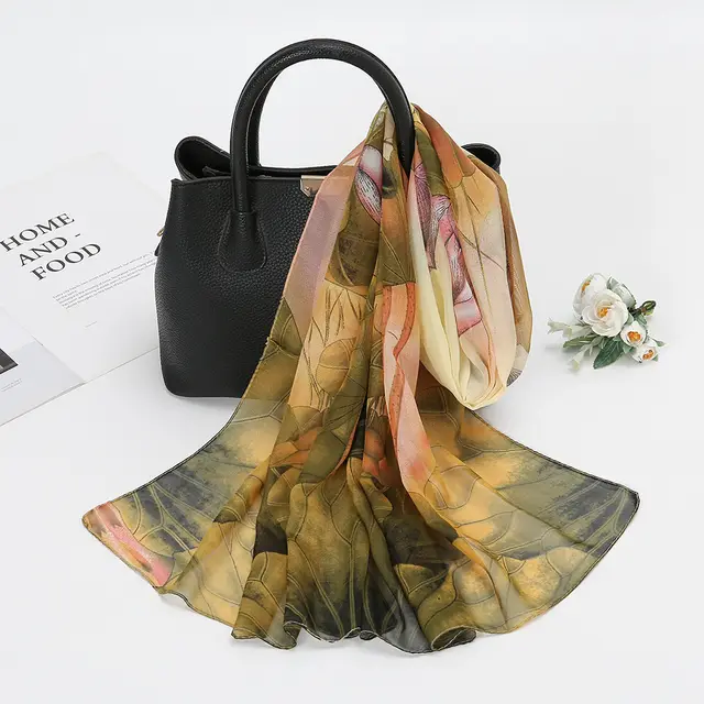 Thin Chiffon Lotus Pond Moonlight Printed Silk Scarf Green - Shop at LoveMi