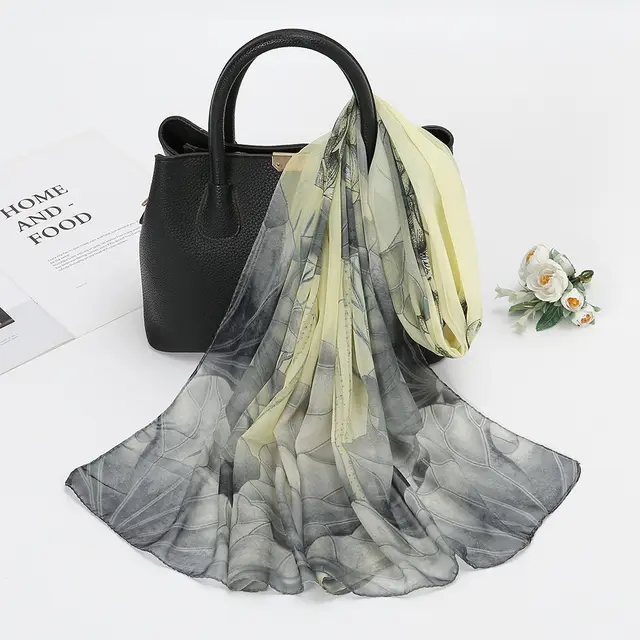 Thin Chiffon Lotus Pond Moonlight Printed Silk Scarf Light Yellow - Shop at LoveMi