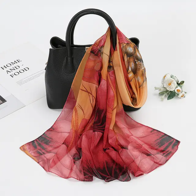 Thin Chiffon Lotus Pond Moonlight Printed Silk Scarf Red - Shop at LoveMi
