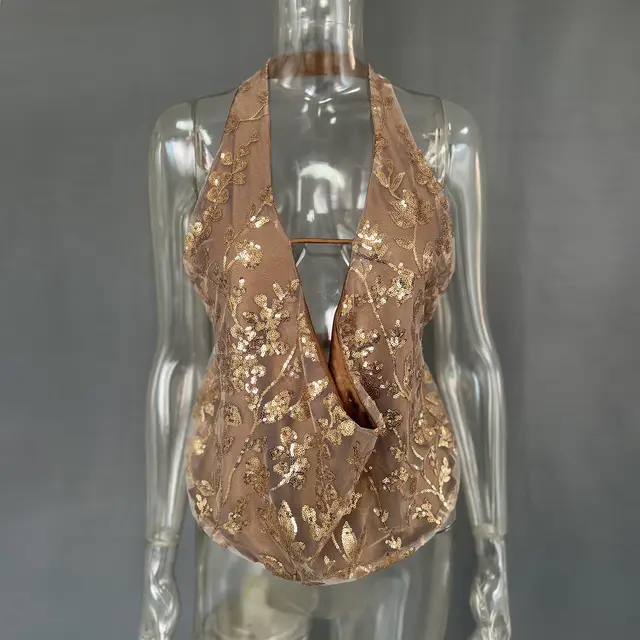 Sexy Backless Sequined V neck Top Brown - Shop at LoveMi