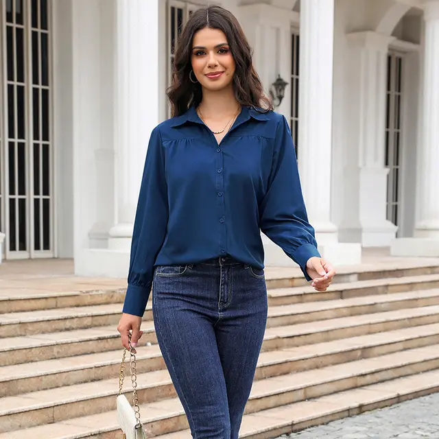 Solid Color Loose Long Sleeves Women's Shirt Navy Blue - Shop at LoveMi