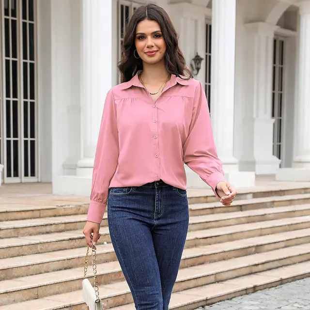 Solid Color Loose Long Sleeves Women's Shirt Pink - Shop at LoveMi