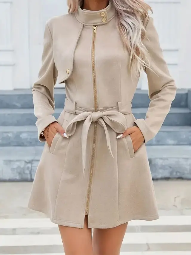 Autumn And Winter Simplicity Double Breasted Lapel Fashion New Green Waist tight Temperament Women's Short Jacket Apricot - Shop at LoveMi